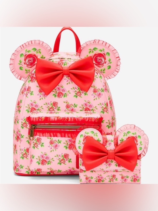 Disney Handbags - Disney Loungefly Disney Minnie Mouse Pink & Red Roses with Mini Flap Wallet
